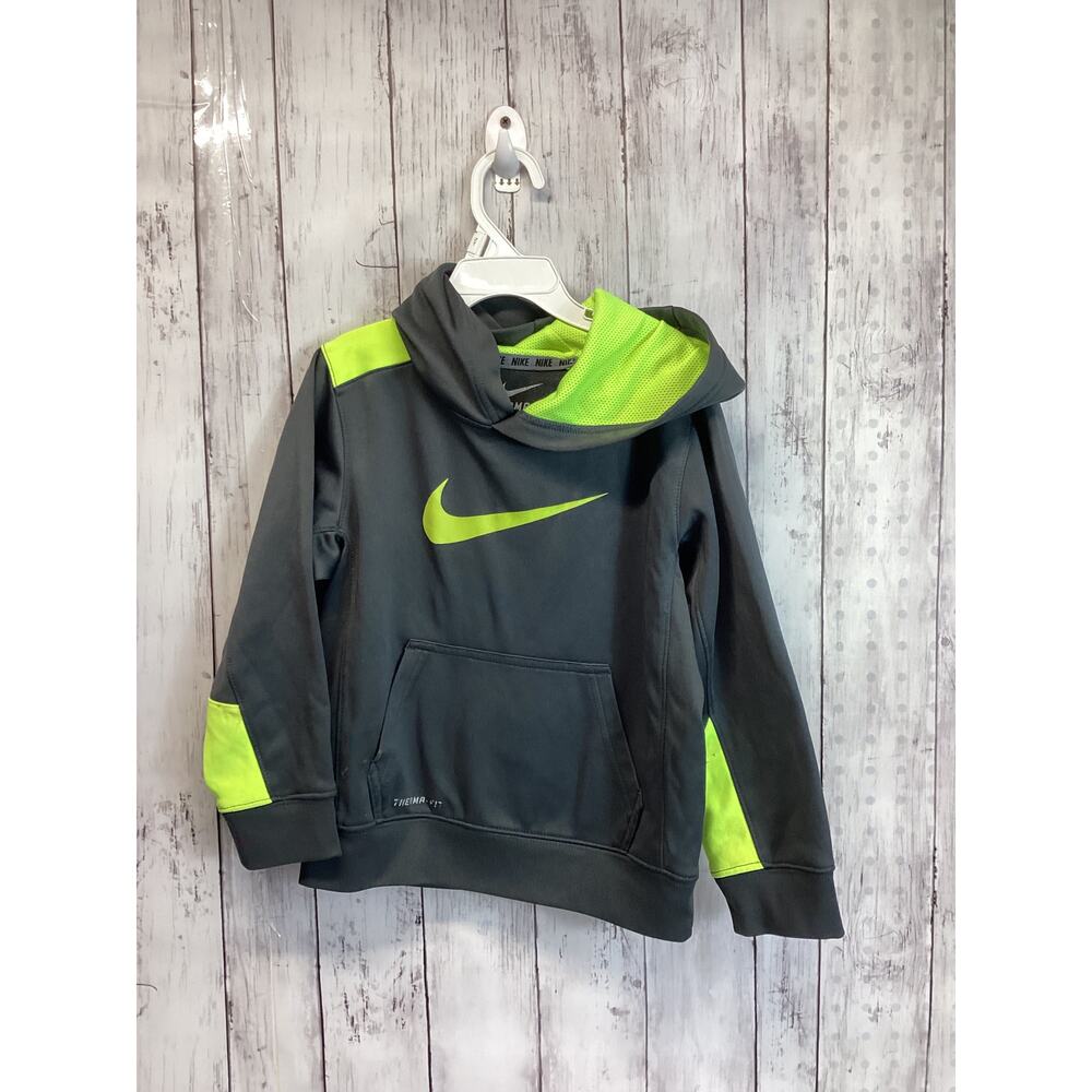 NIKE THERMA FIT athletic Gray & Neon trim Hoodie Sweatshirt Kids 6 size